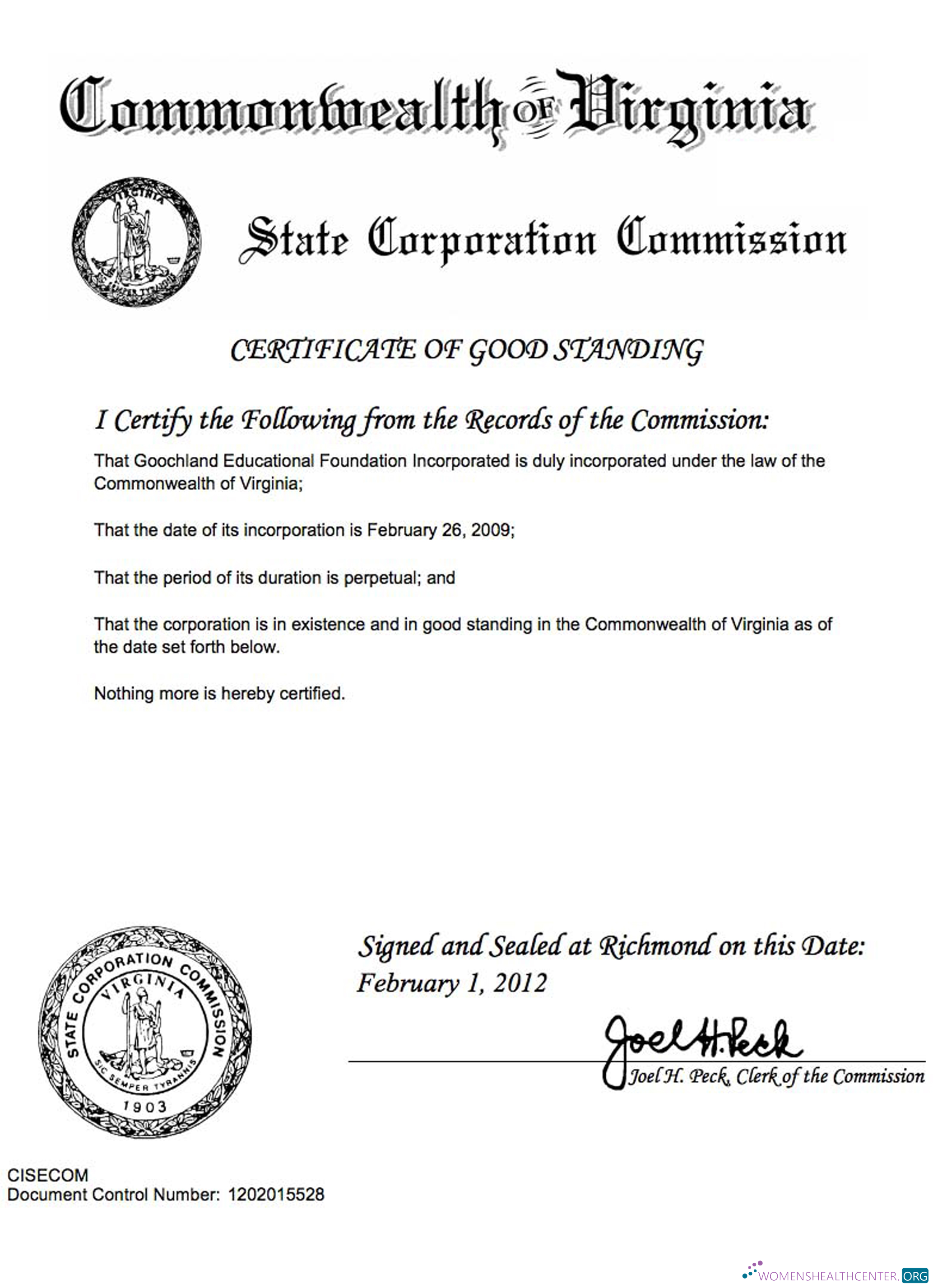 Download USA Virginia certificate of good standing Photoshop template